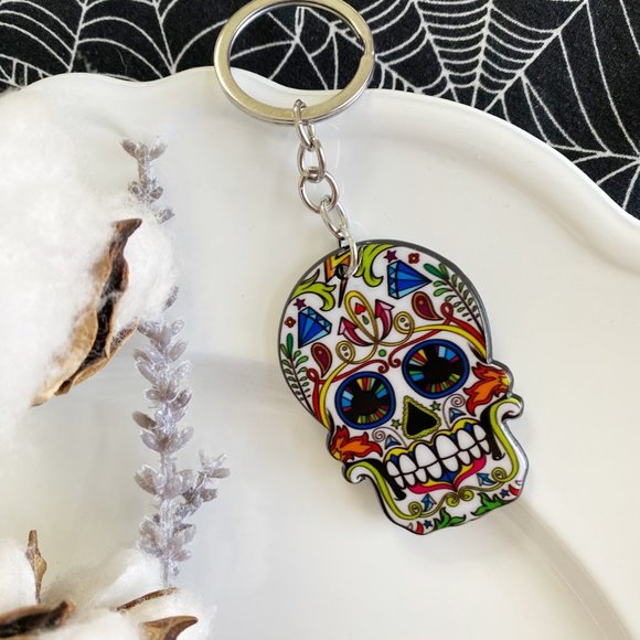 ⚫️Sugar Skull Keychain #2, with keyring, day of the dead, NWT/BOUTIQUE - Picture 2 of 3